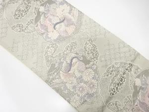 プラチナ箔　鴛鴦に草花・七宝繋ぎ模様織り出し　袋帯